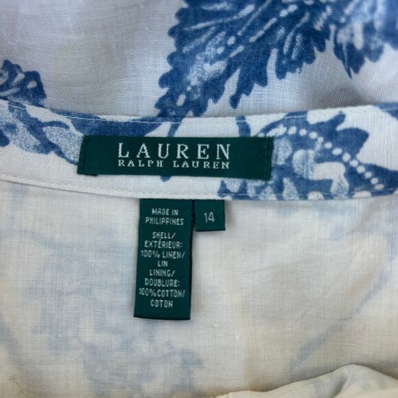 Vintage Ralph Lauren 90s Linen Button Front Midi Skirt Blue Floral 14 French - Picture 3 of 8